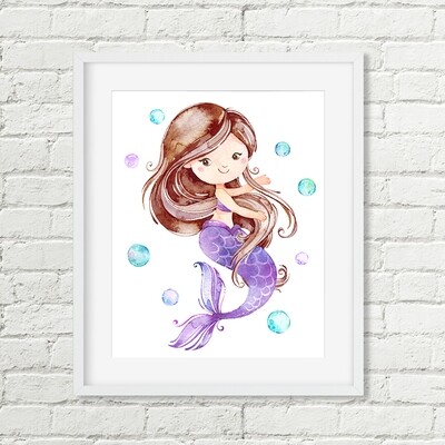 Mermaid Printable Art Brown Hair, Purple Aqua Girls Watercolor Nursery Art