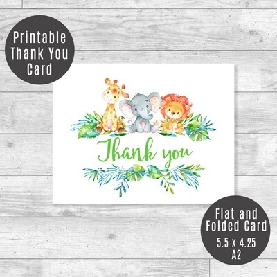 Printable Safari Thank You Card, Baby Shower Flat & Folded Card A2 Green Text