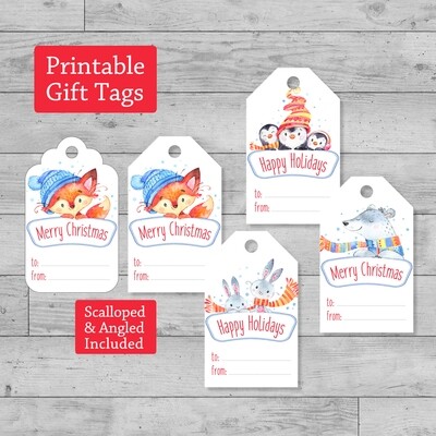 Set of 8 Printable Holiday Gift Tags, Fox Penguin Bunny Bear Kids Tags
