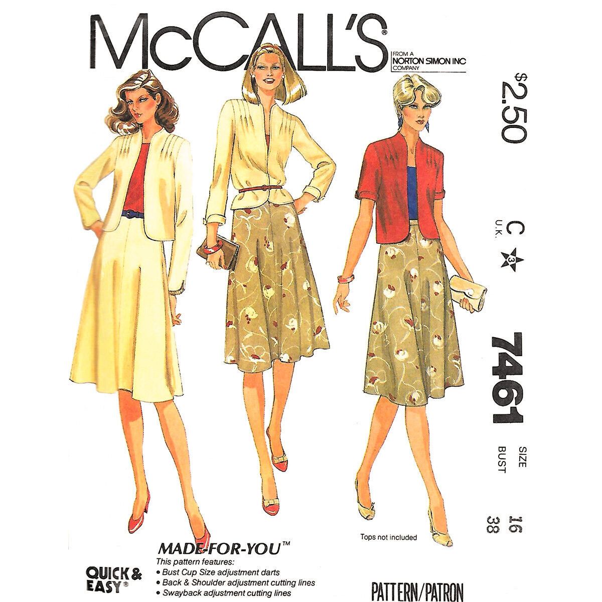 80s Open Jacket, Flared Skirt Sewing Pattern McCall's 7461 Size 16