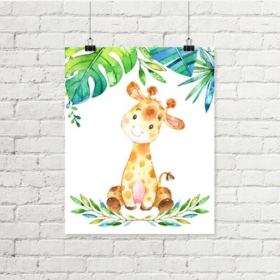 Giraffe Printable Nursery Art, Safari Jungle Leaves Baby Decor