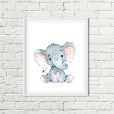 Baby Elephant Printable Art, Safari Jungle Animal Blush Pink Grey Nursery