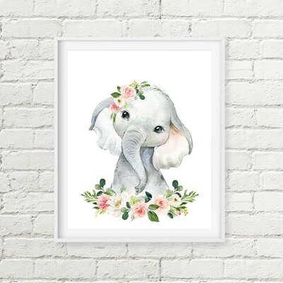 Elephant Blush Pink Floral Printable Nursery Art, Baby Shower Gift