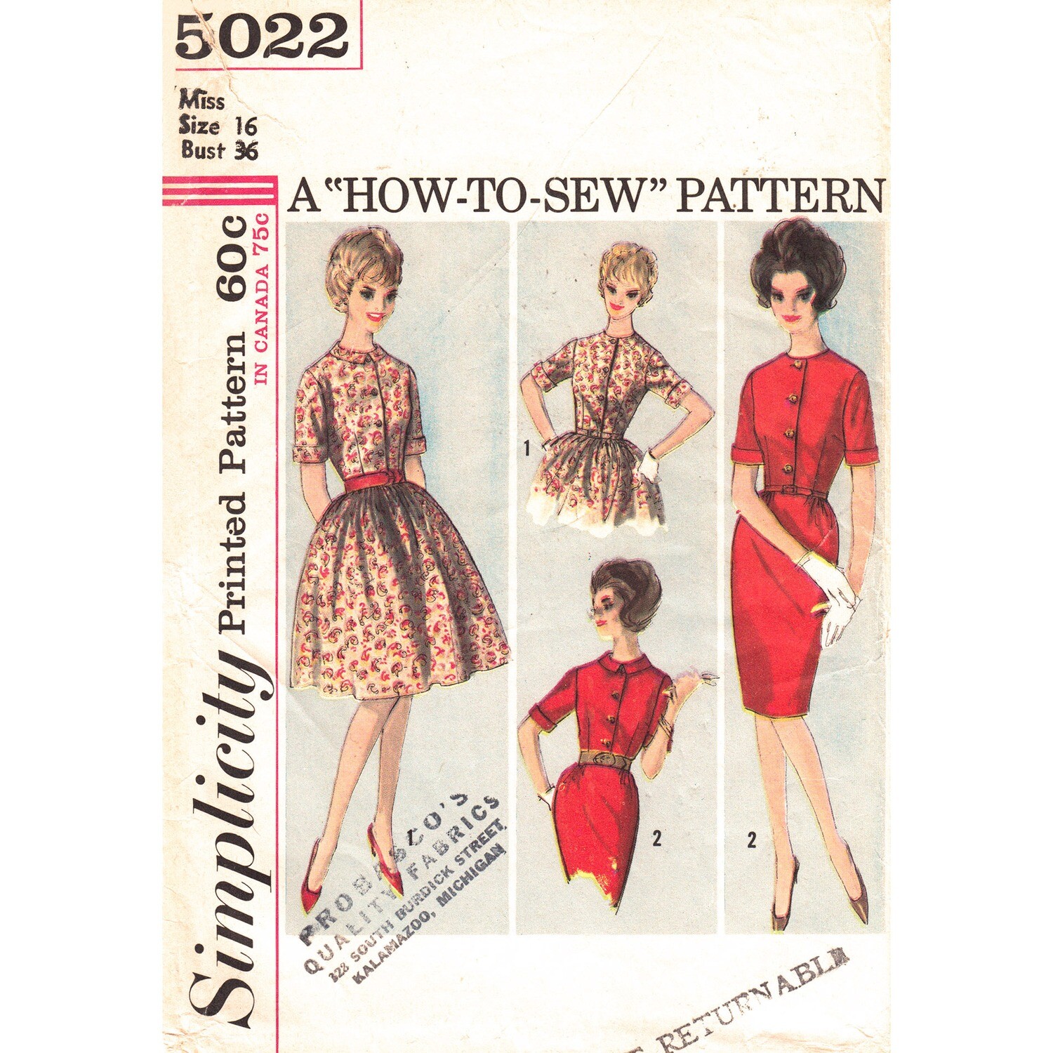 60s Slim Dress or Full Skirt Dress Sewing Pattern Simplicity 5022