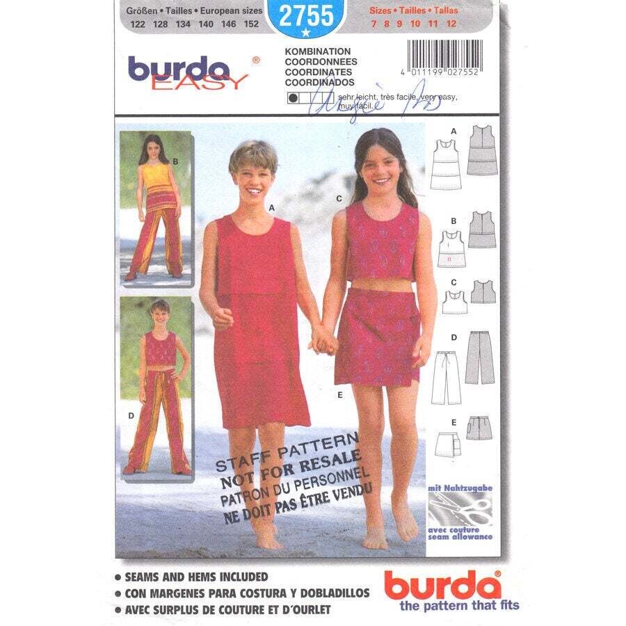 Burda 2755 Girls Dress, Crop Top, Pants, Panel Skirt Pattern Size 7 to 12