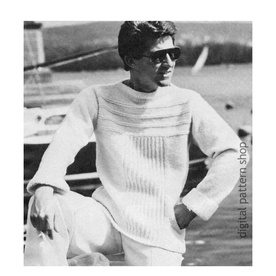 Sweater Knitting Pattern for Men Crew Neck Textured Pullover