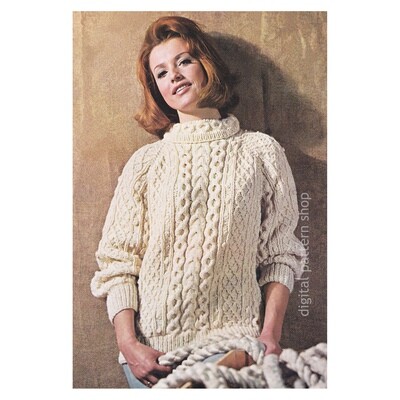 Irish Sweater Knitting Pattern, Bulky Pullover Cable Knit Turtleneck