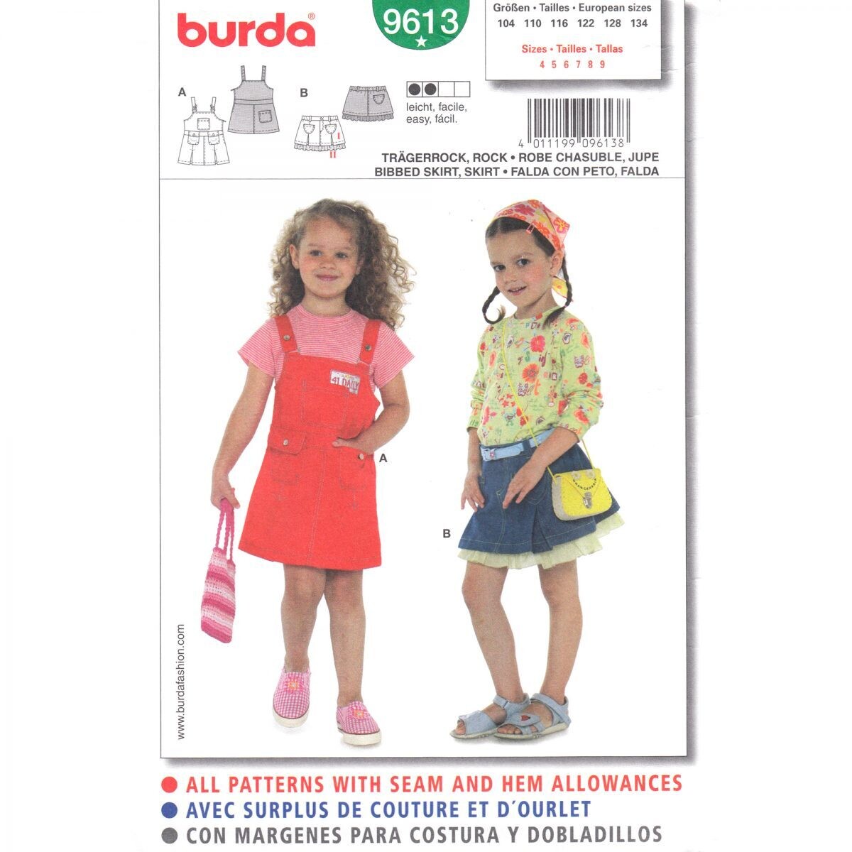 Burda 9613 Girls Bib Skirt Pattern Suspender Skirt, Inverted Pleats Size 4-9