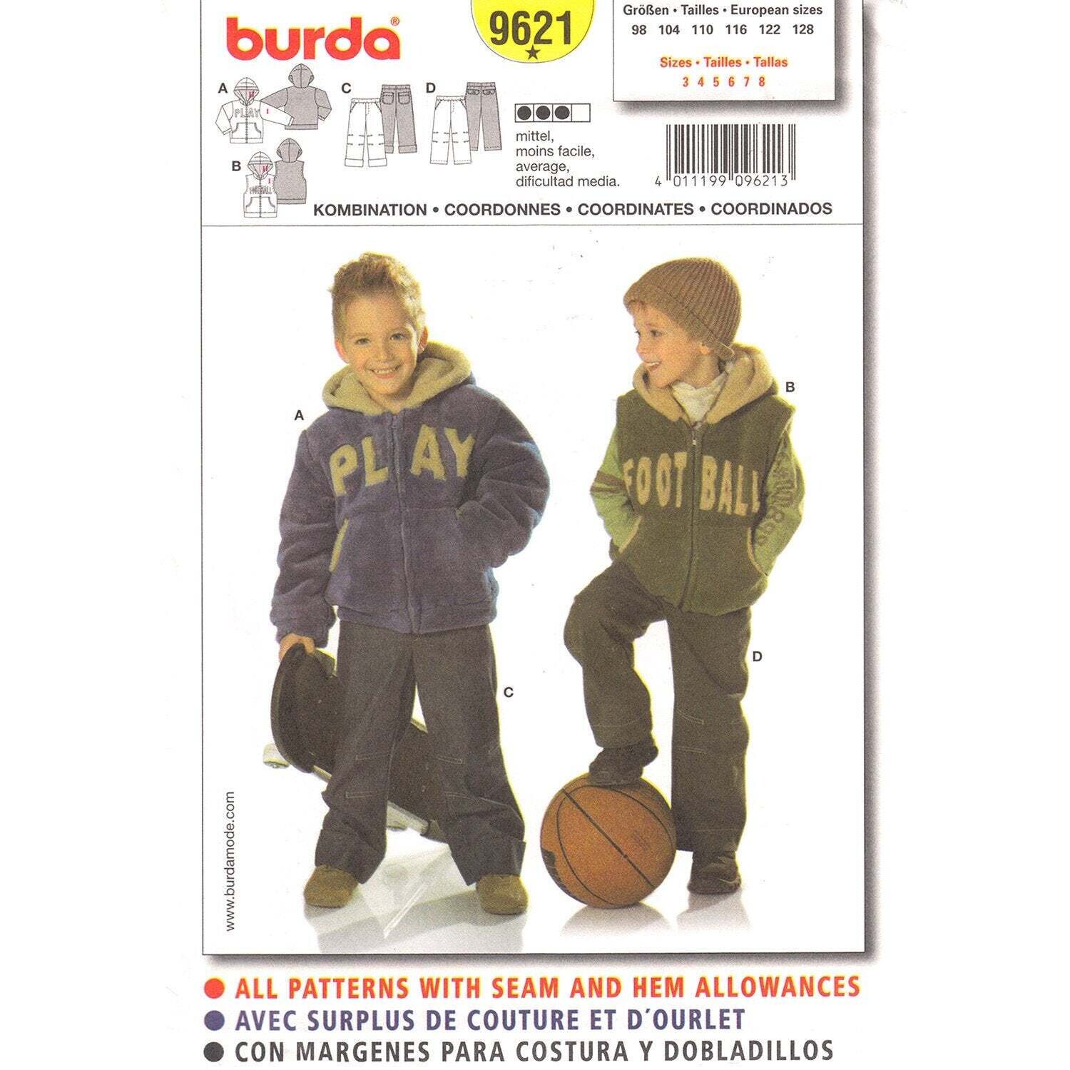 Burda 9621 Boys Hooded Jacket, Vest, Pants Sewing Pattern Size 3 to 8