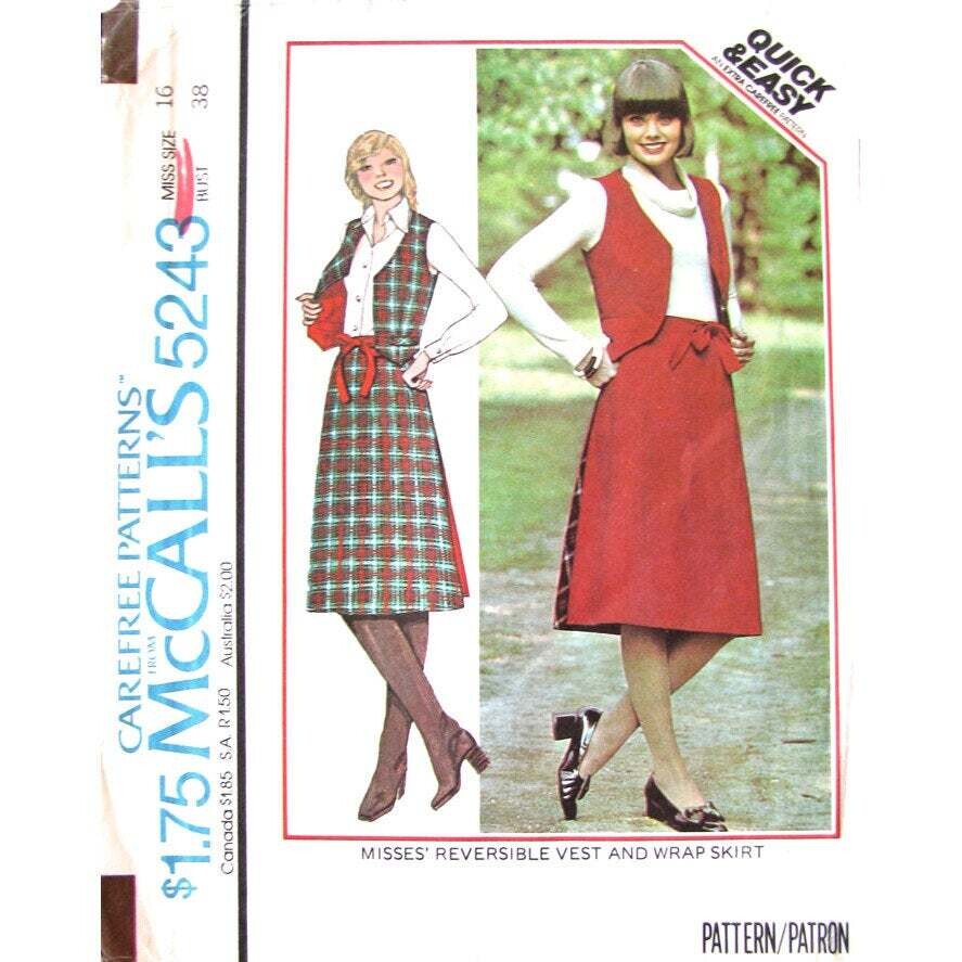 70s Reversible Vest, Wrap Skirt Pattern McCall's 5243 Size 16
