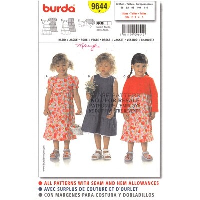 Burda 9644 Girls Jacket, Tiered Dress Sewing Pattern Size 18M to 5