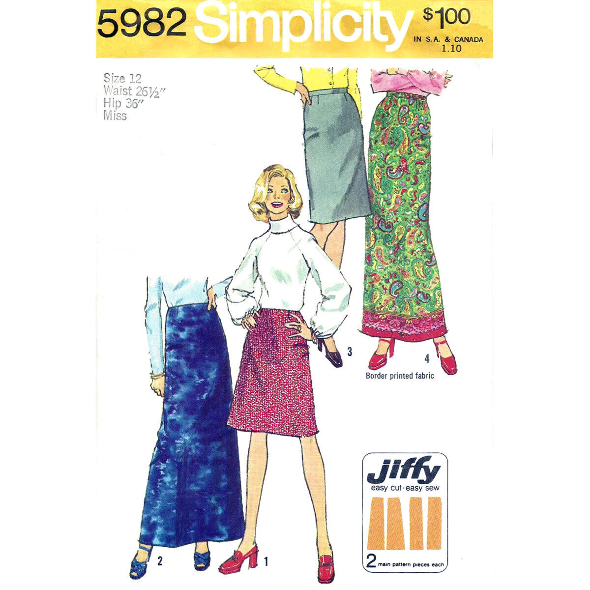 70s Jiffy Skirt Pattern Simplicity 5982 Maxi, Above Knee Size 12