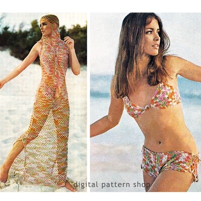 70s Beach Set Crochet Pattern, Bikini Side Tie Shorts, Caftan, Headpiece