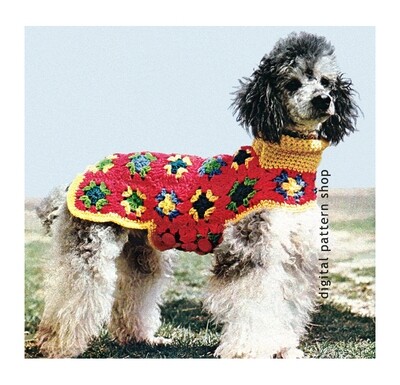 70s Granny Square Dog Coat Crochet Pattern, Dog Turtleneck Sweater