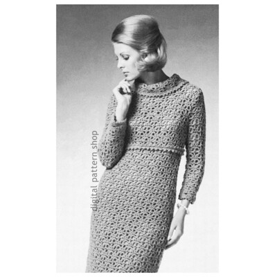 70s Empire Midi Dress Crochet Pattern for Women, Slim Dress