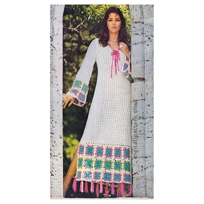 Crochet Pattern Granny Square Trim Dress, Bell Sleeve Caftan