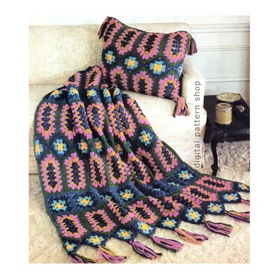 Crochet Pattern Jeweled Granny Square Afghan & Pillow, Blanket