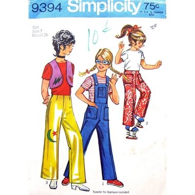 70s Girls Bib Pants, Vest Pattern Simplicity 9394 Transfer Size 7