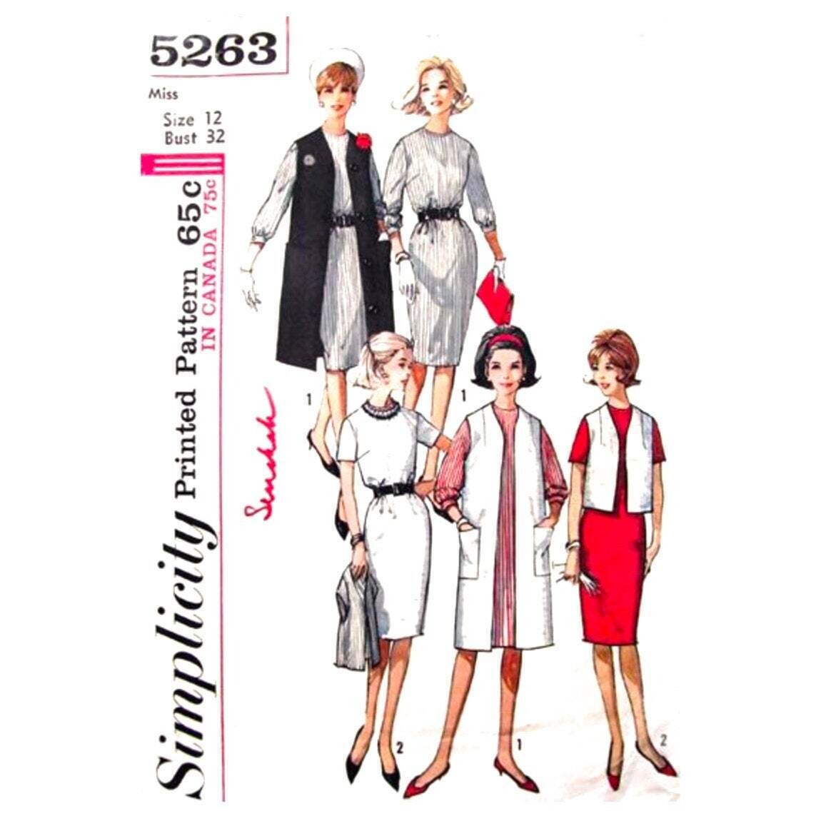 60s Vintage Shift Dress, Vest Coat Sewing Pattern Simplicity 5263