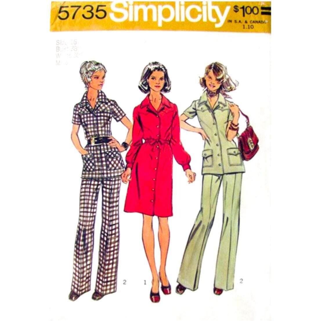 70s Shirt Dress, Tunic, Pants Pattern Simplicity 5735 Size 16