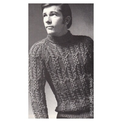 Knitting Pattern for Men, Braided Cable Raglan Sweater Turtleneck