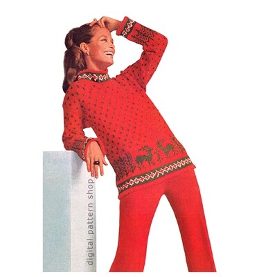 Nordic Sweater & Pants Knitting Pattern for Women, Deer Ski Set