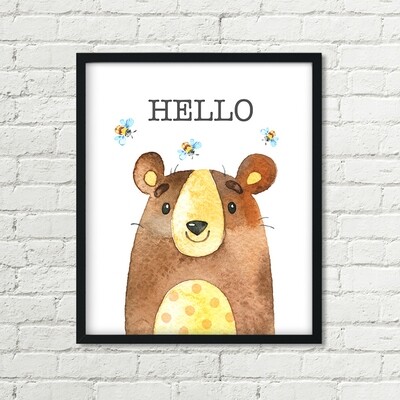 Bear Printable Art, Hello Woodland Animal Kids Art, Bear Bee Download