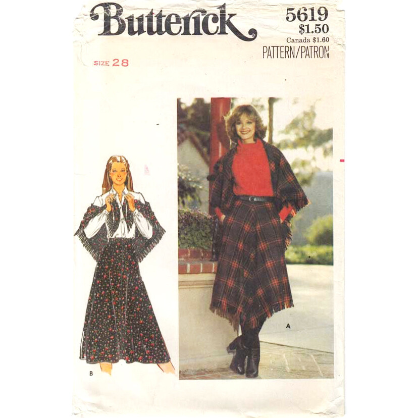 70s Shaped Hem Skirt and Shawl Sewing Pattern Butterick 5619