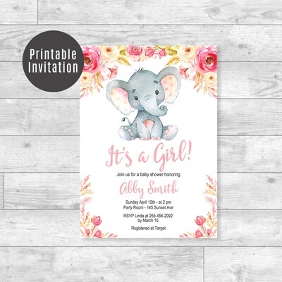Elephant Baby Shower Invitation, Blush Pink Floral Printable Invite