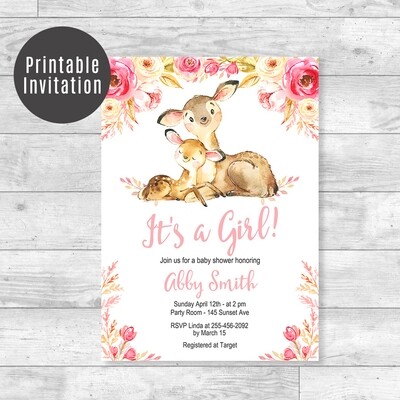 Deer Baby Shower Invitation, Pink Floral Woodland Printable Invite