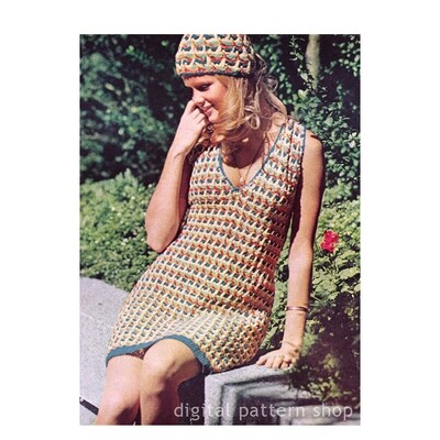 1970s Sleeveless Dress and Cap Crochet Pattern for Women