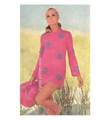 Flower Beach Dress Crochet Pattern, Long Sleeve Mini Dress