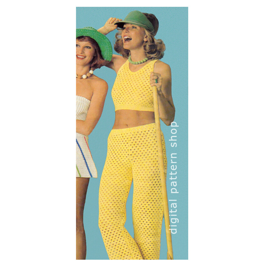 Crop Top & Pants Crochet Pattern, Mesh Midriff Top and Trousers