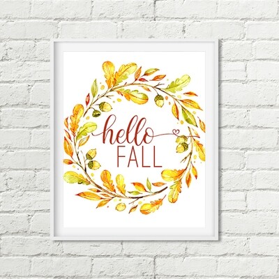 Hello Fall Wreath Printable Art, Gold Green Red Autumn Decor