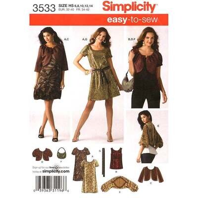 Simplicity 3533 Scoop Neck Dress, Top, Jacket, Shrug Pattern