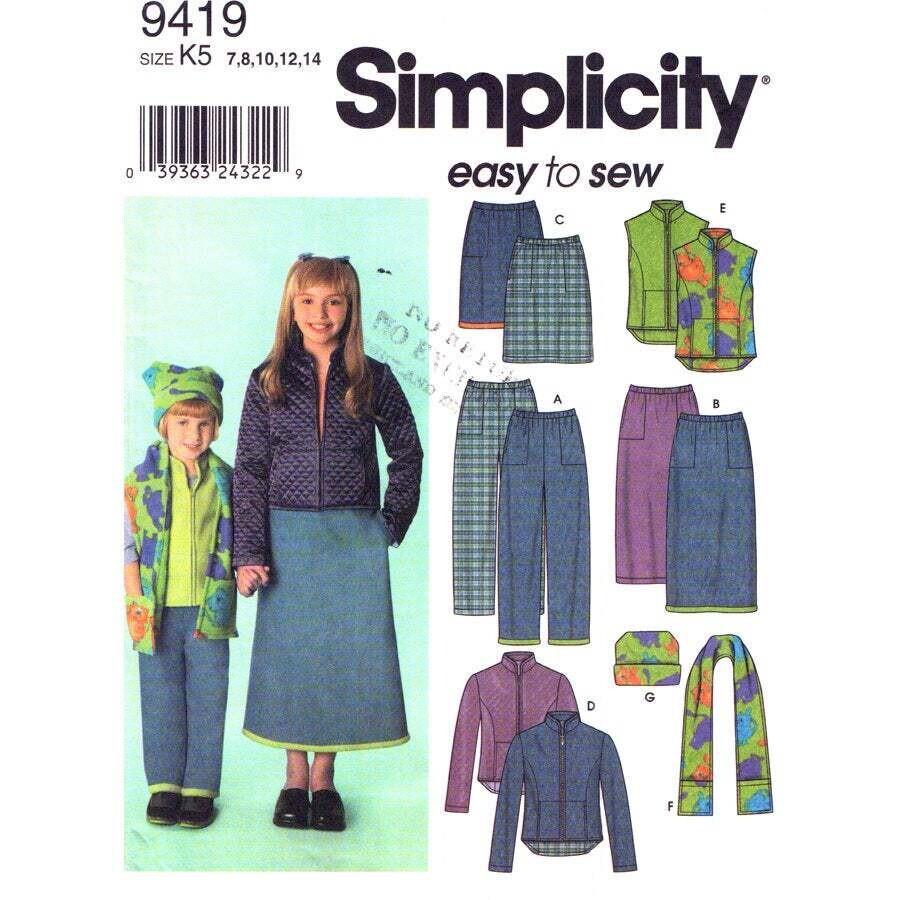 Simplicity 9419 Girls Jacket, Vest, Pants, Skirt Pattern Size 7-14
