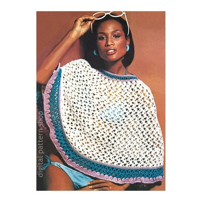 1970s Poncho Crochet Pattern, Light Beach Cover Shell Stitch