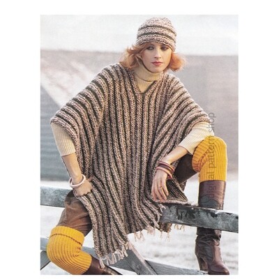 Blanket Poncho Knitting Pattern, Striped Fringed Cape and Hat