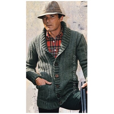 Men's Cardigan Knitting Pattern, Shawl Collar Sweater Jacket