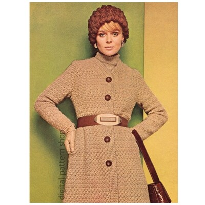 70s Crochet Pattern Belted Midi Coat & Cloche Hat, Long Sweater
