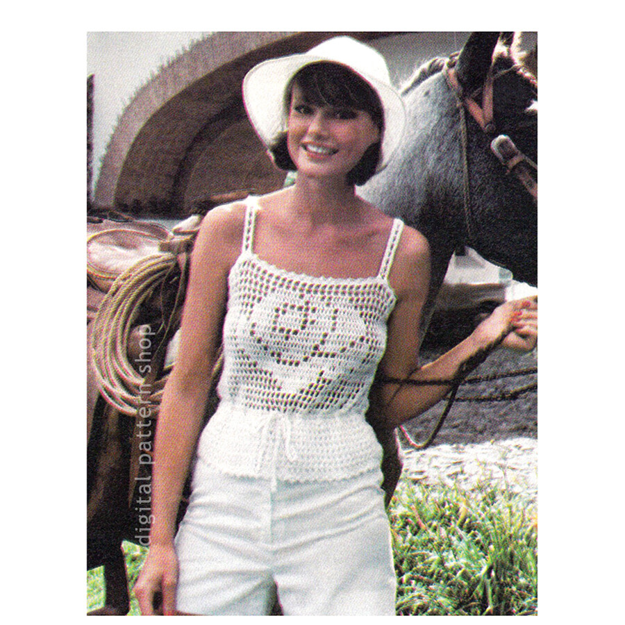1970s Rose Camisole Filet Crochet Pattern, Peplum Tank Top