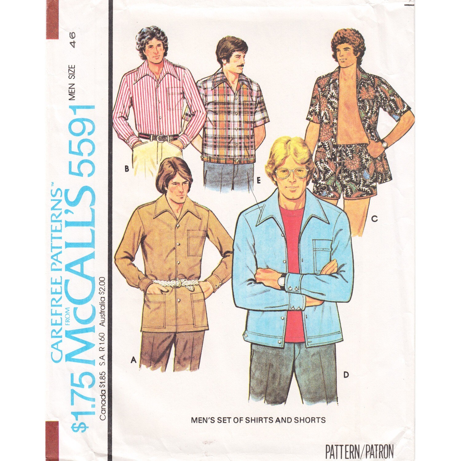 Men's 70s Shirt and Shorts Sewing Pattern McCall's 5591 Size 46