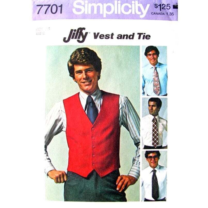 Men's 70s Vest and Tie Pattern Simplicity 7701 Waistcoat Chest 34