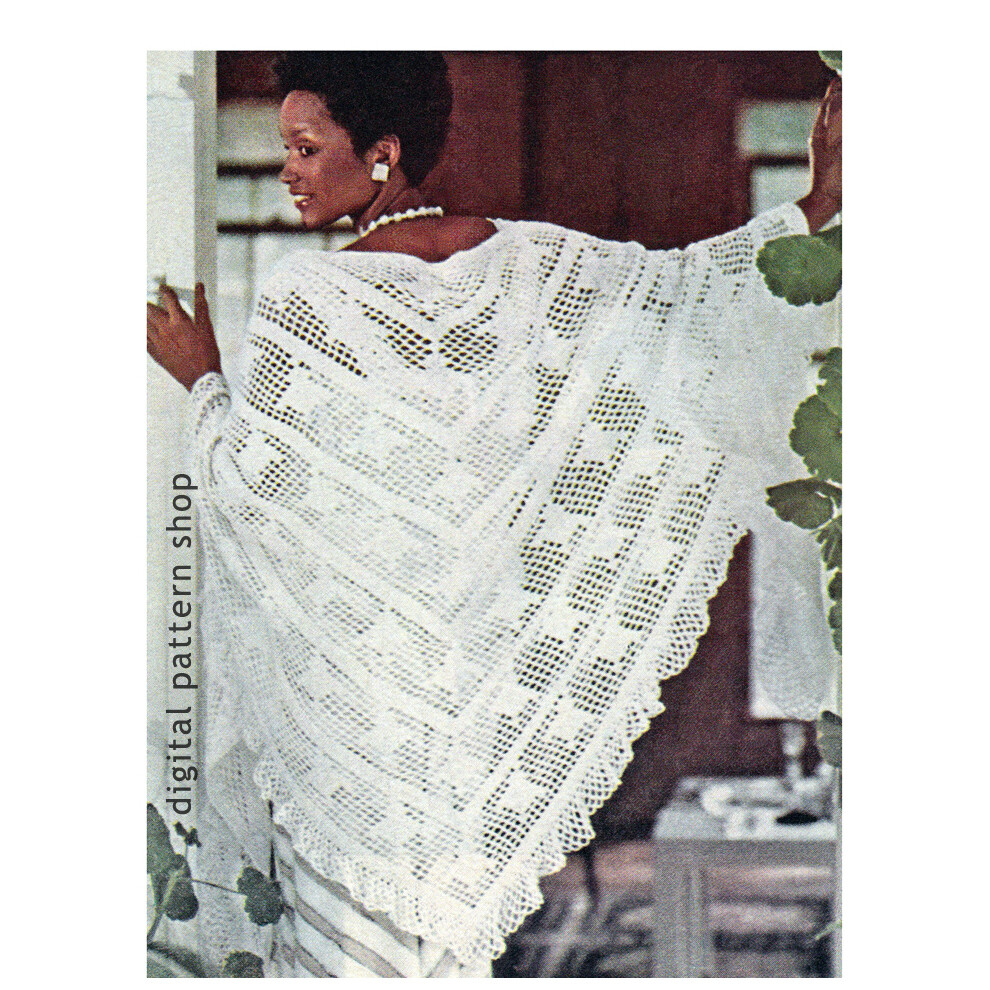 1970s Oversized Shawl Crochet Pattern, Ruffled Evening Wrap