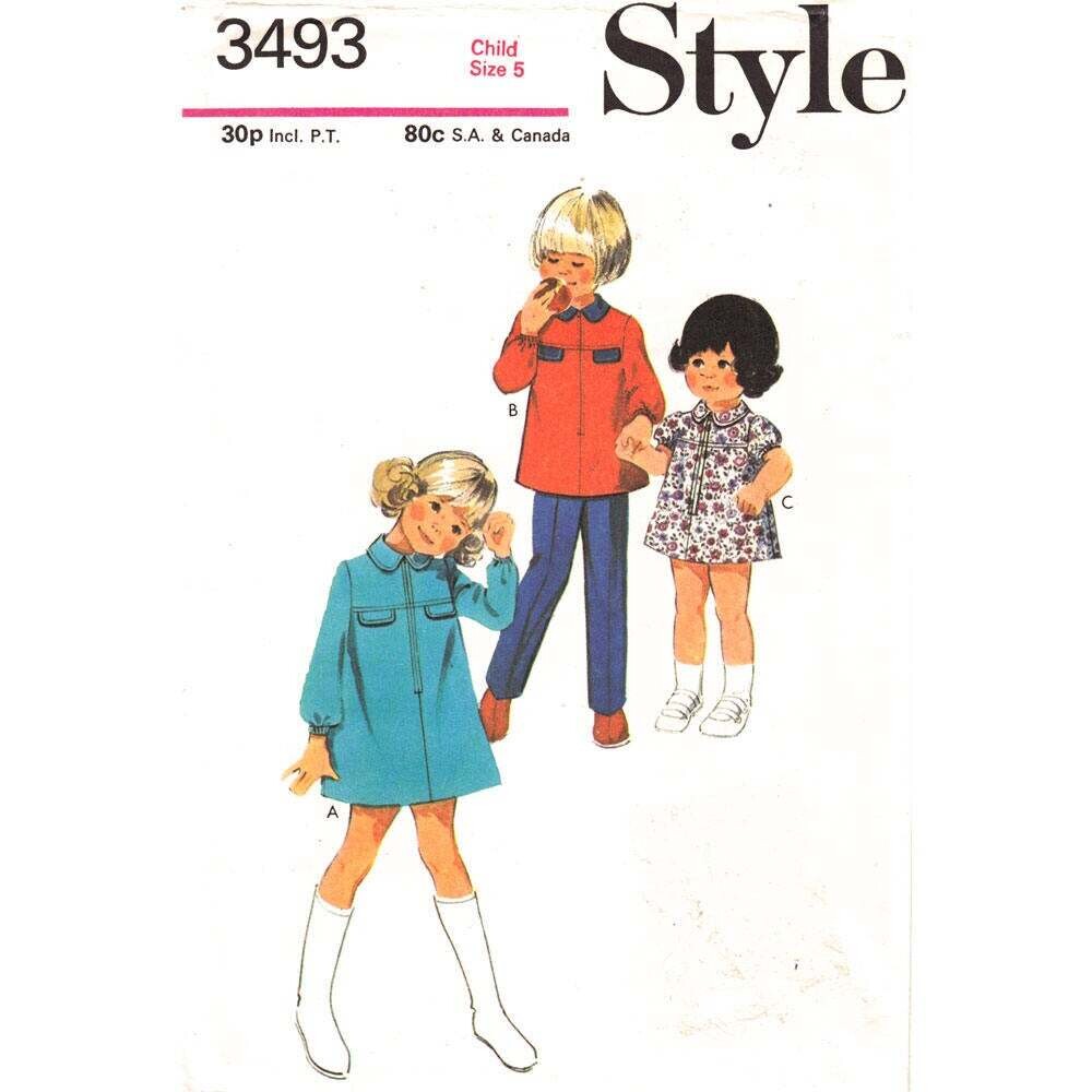 Girls Zipper Dress, Top, Pants Sewing Pattern Style 3493 Size 5