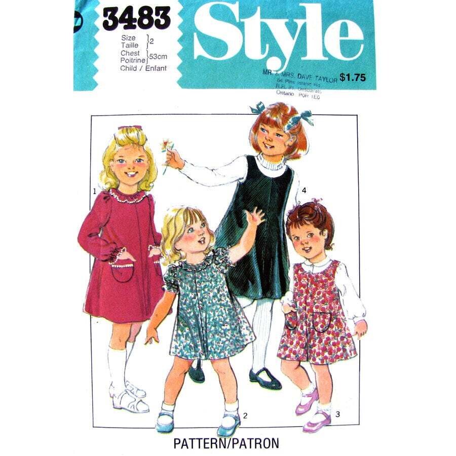 Girls Pullover Dress, Pinafore Pattern Style 3483 Jumper Size 2