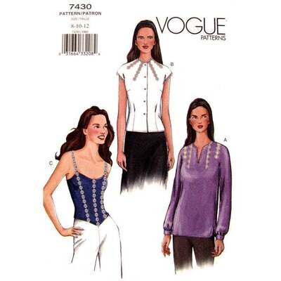 Vogue 7430 Camisole, Pullover Top, Blouse Pattern Size 8-12