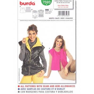 Burda 7593 Fleece Lined Vest Pattern Snap Front Size 8 to 20