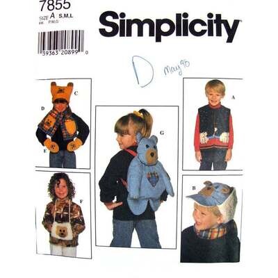 Simplicity 7855 Backpack, Accessories Pattern Vest, Hats, Mitts