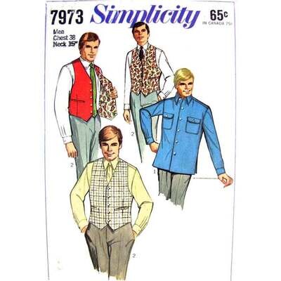 Men's 60s Sport Shirt, Vest Pattern Simplicity 7973 Chest 38